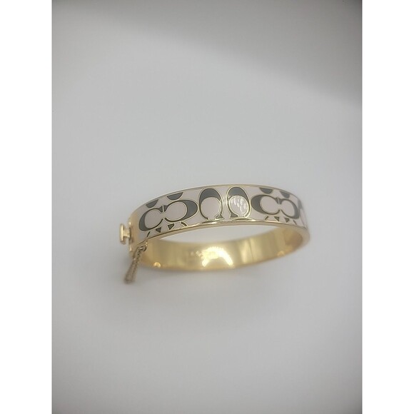 Coach Enamel Hinged Bangle Bracelet Gold Tone Black White C Logo New York Stamp - Picture 12 of 14